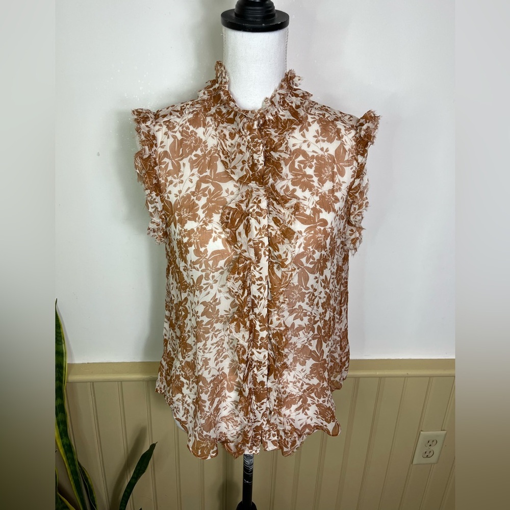 7 For All Mankind Floral Ruffle Sheer Blouse XS Romantic Button Boho Western